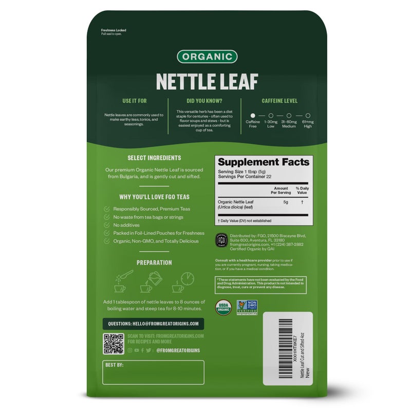 FGO Organic Nettle Leaf Loose Tea, Cut and Sifted, Caffeine Free, 4oz Resealable Bag, Packaging May Vary (Pack of 1) - Image 2